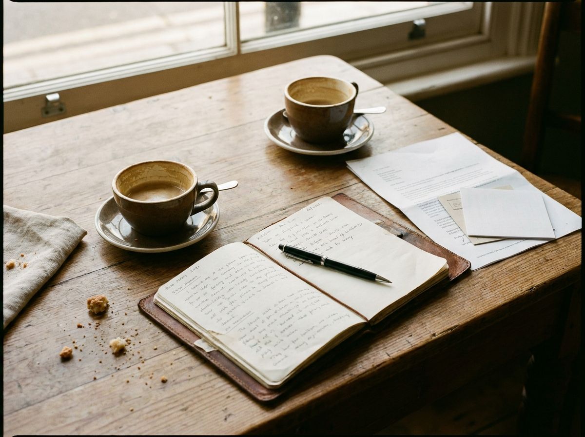 Two coffees and an open notebook