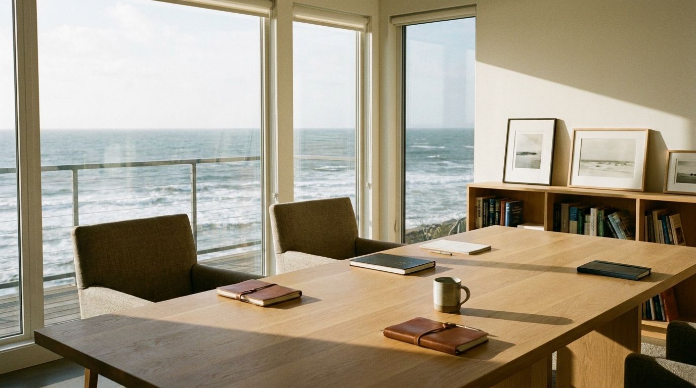 The office interior in late afternoon light